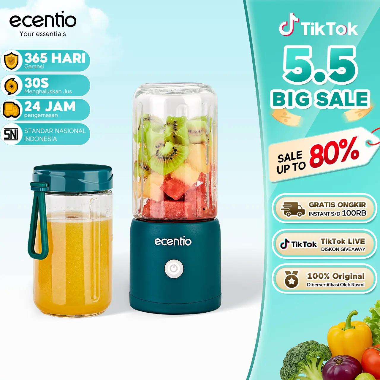 【LIVE】ecentio Juicer Portable Blender Portable kaca 2 cup 10 Stainless steel mata pisau mini Juicer 380ml+380ml High-speed portable kitchen juicer