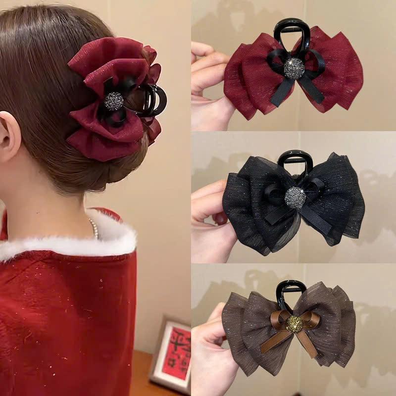 Kẹp Tóc Ngoạm 10cm 4 Nơ Ruy Băng Kim Tuyến Xinh Cho Nữ