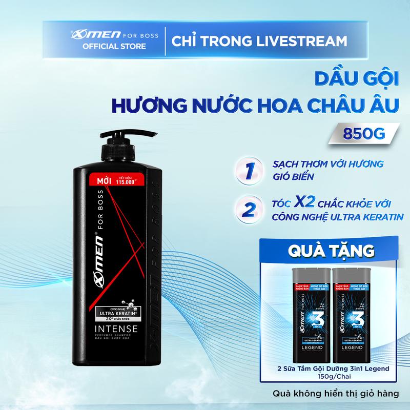 [COMBO MUA 1 ĐƯỢC 3] Dầu gội Xmen for Boss 850g Intense/Legend + Tặng 2 chai Sữa Tắm gội dưỡng 3in1 Legend 150g - Hương nước hoa châu Âu