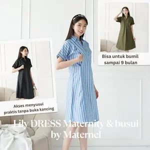 Maternel Lily Dress Busui & Maternity Akses Busui Geser Kanan Kiri Bahan Katun Toyobo Nyaman untuk Ibu Hamil hingga 9 Bulan - Menyusui