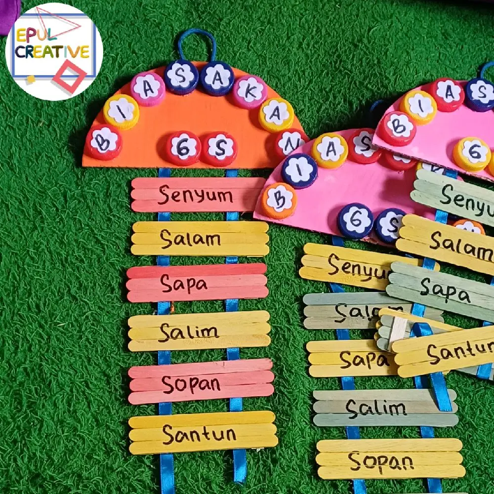 prakarya hiasan dinding biasakan 6 s dari stik eskrim dan tutup botol