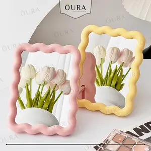 Kaca Rias Makeup Estetik Model Kotak Lucu Minimalis Cermin Wave Standing Mirror Fashion Wanita