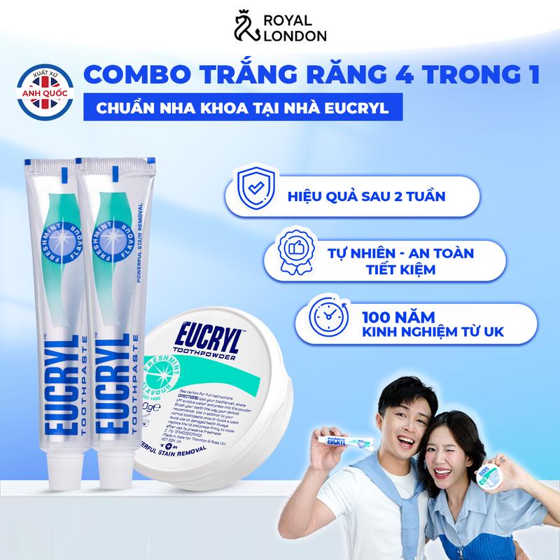  Combo 2 Kem đánh răng Eucryl 62g + 1 Bột hỗ trợ trắng răng Eucryl 50g 