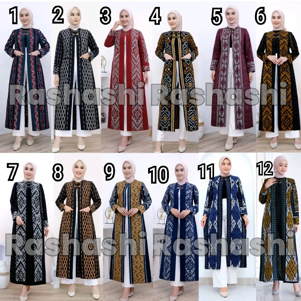 Rashashi ADHIVA Long Outer Cardigan Tenun Troso Motif Etnik Wanita Muslimah Kancing Depan Aktif Saku Paspol Size L XXL XXXL Panjang 130 cm Original