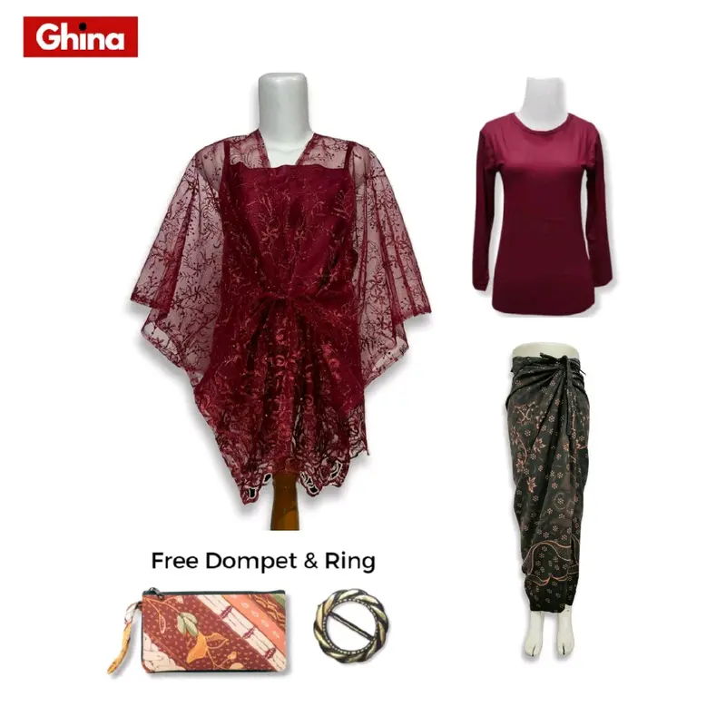 Paket Kondangan 5in1 - Kebaya Ghina One Set Kondangan Wanita Kekinian Outer Brokat Tile Premium Cardi Setelan Kebaya Modern Polos Pesta Dress Remaja Dewasa Mewah kebaya graduation kelulusa kebaya burgundy Baju Atasan Natal Wisuda 0