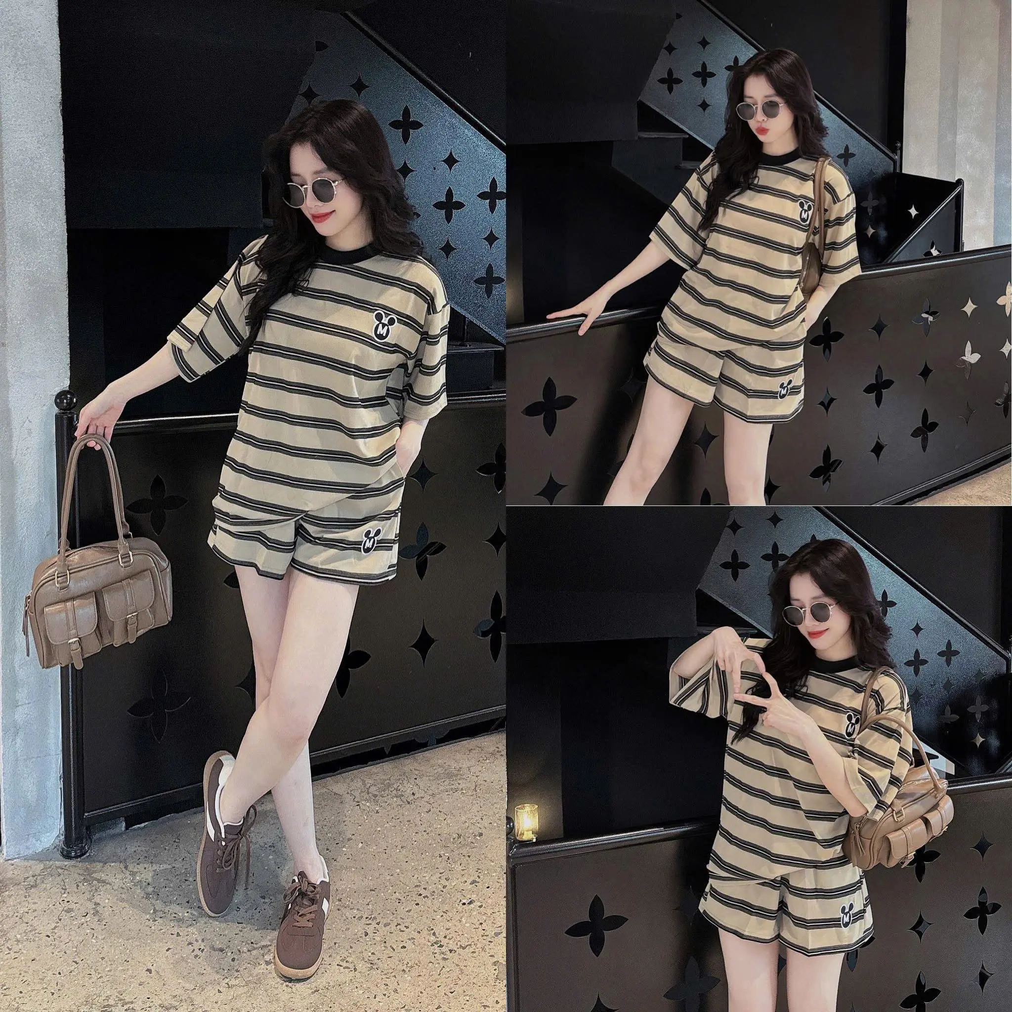 Set Đùi Kè Hoạ Tiết Mickey Thêu Nổi Áo tay Lỡ Mix Quần sooc Xinh xắn