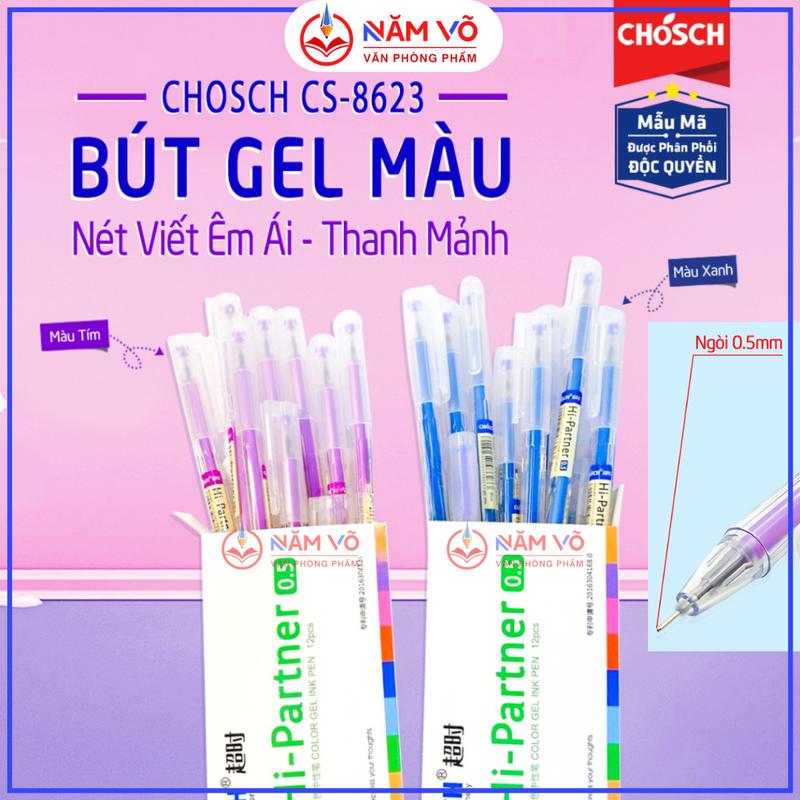 [ CS8623 ] HỘP 12 Cây Bút Gel Nước/ Viết Gel Nước Chosch Hi-Partner CS-8623 / CS 8623 Ngòi Kim 0.5mm (Mực Xanh, Đỏ, Tím, Đen)