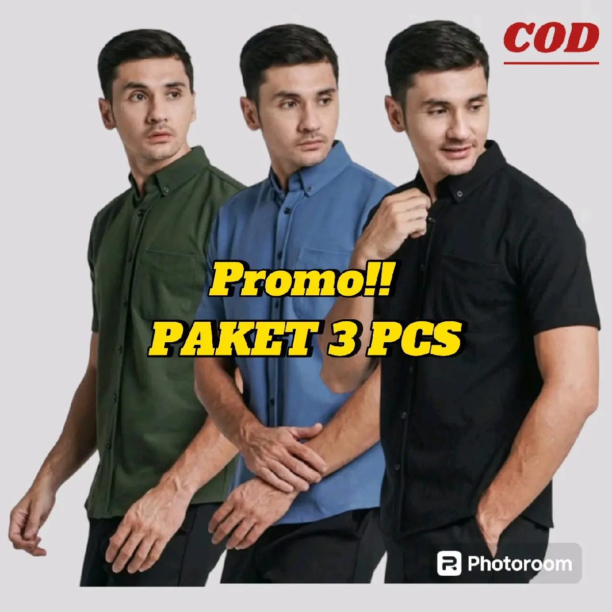 Promo Paket 3pcs Kemeja Polos Pria Lengan Pendek Casual Formal bahan katun hitam putih navy Nyaman