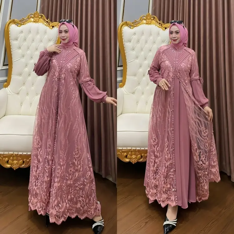 Dress brokat Full puring gamis pesta elegan mewah terbaru gamis Ceruty Mix Brukat mix payet M L XL Muslim Wanita Kondangan Maxi Gaun Dewasa