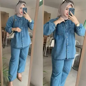 Setelan Jeans wash Atasan dan Celana Terbaru Jumbo Kekinian Setelan Wanita