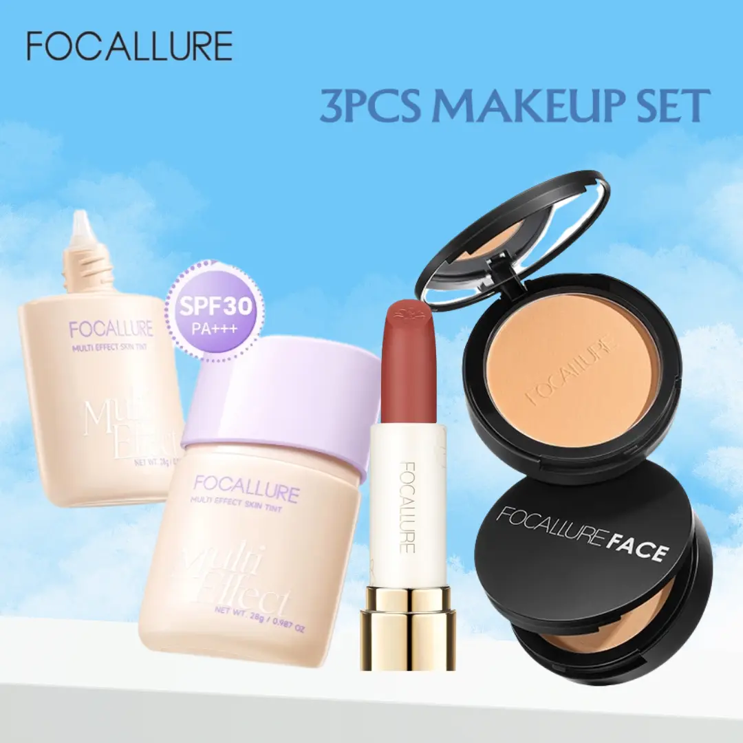 (PAKET HEMAT) FOCALLURE 3PCS Face Set Matte Lipstick & Skinfit Primer / Skin-Tint & Pressed Oil-control Powder