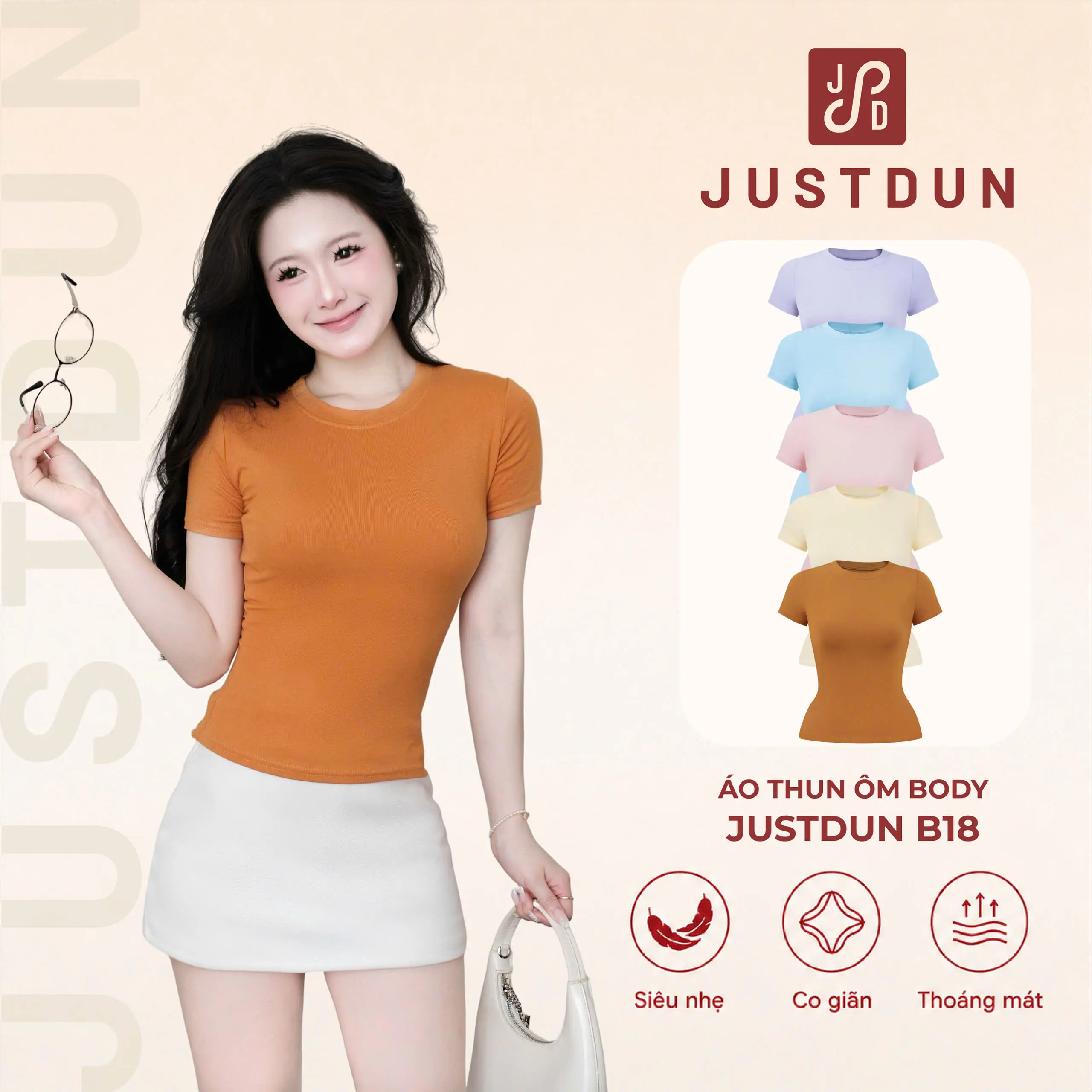 [COMBO 2 ÁO] Áo thun ôm body cotton lông mịn co giãn Justdun B18 - Tông màu MỚI