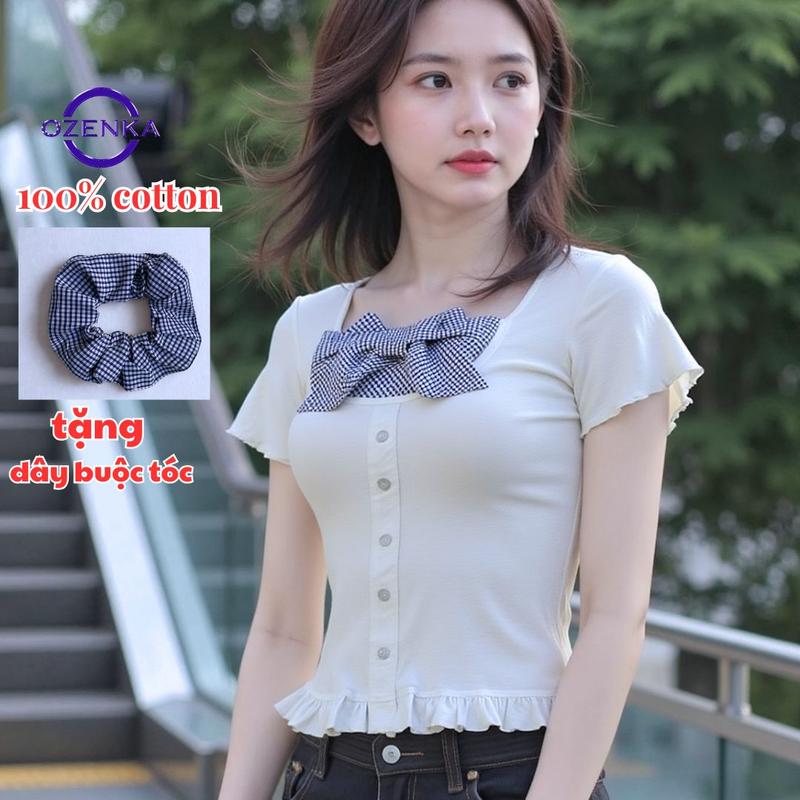 Áo baby tee phối nơ dáng ôm tay ngắn gấu bèo ozenka , áo thun nữ kiểu bánh bèo phong cách hàn quốc cotton trắng đen