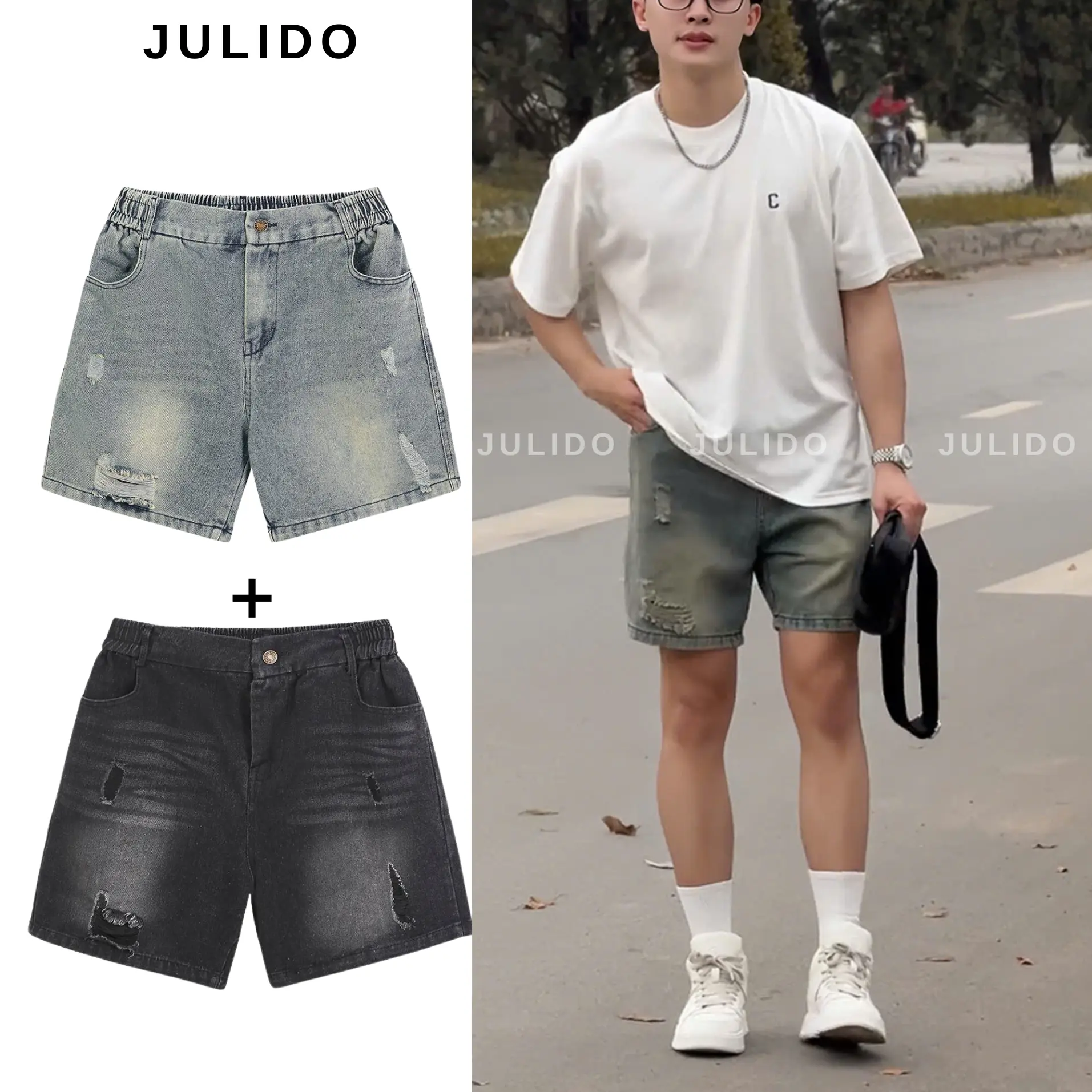 Combo 2 Quần short jean nam  JULIDO cạp khuy, quần short bò khuy cài, chất liệu vải jean co dãn - 1