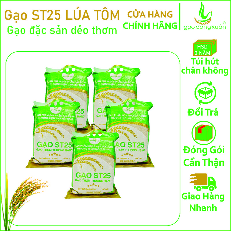 20kg gạo ST25 lúa tôm hữu cơ, dẻo vừa ngọt cơm thơm, lựa chọn túi hút chân không HSD 3 năm, thương hiệu Đông Xuân - nấu nước nhiều gaost25