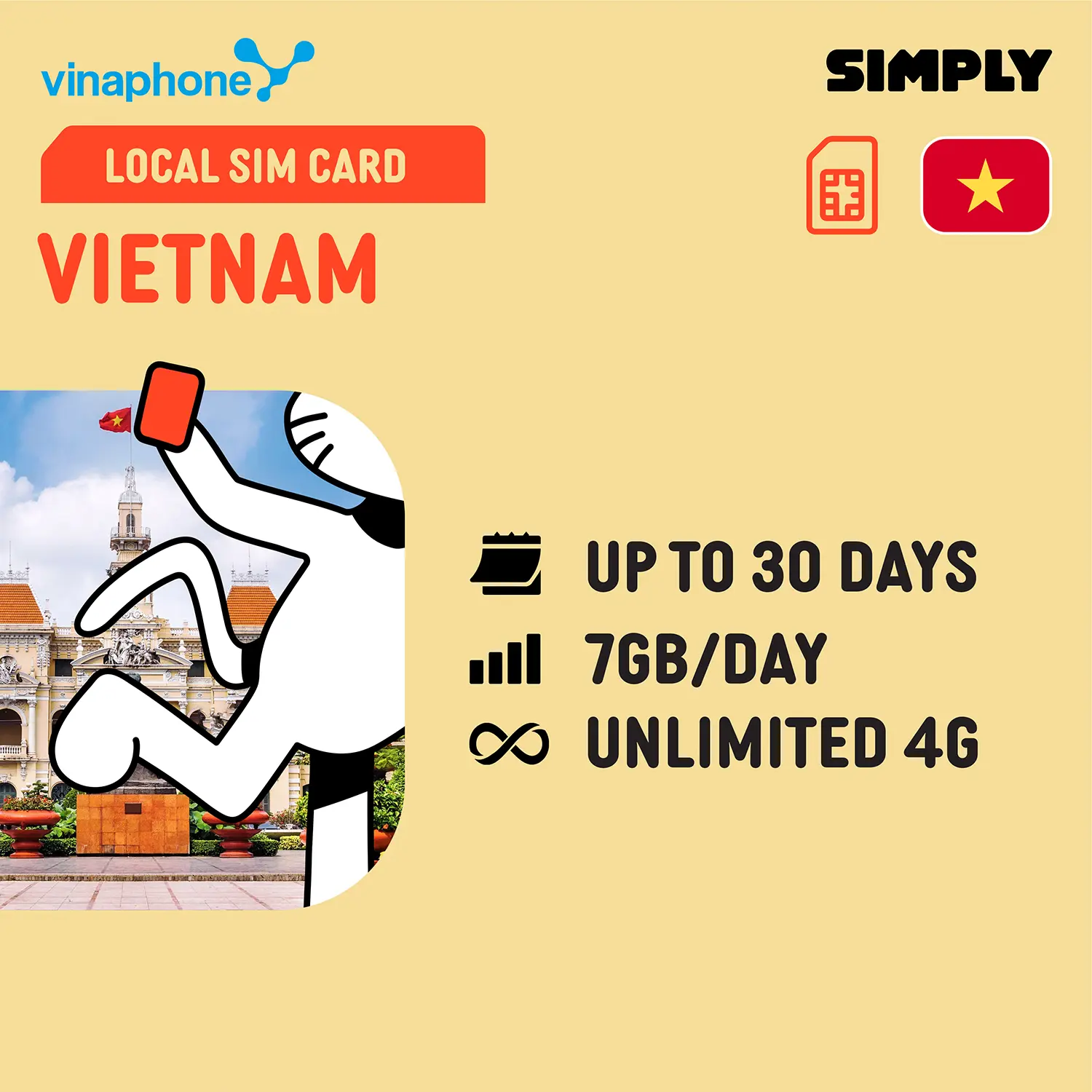[Vietnam- Vinaphone] 5-30 Days | 7GB/Unlimited/Day Data | Local Vietnam SIM Card | No Registration Required
