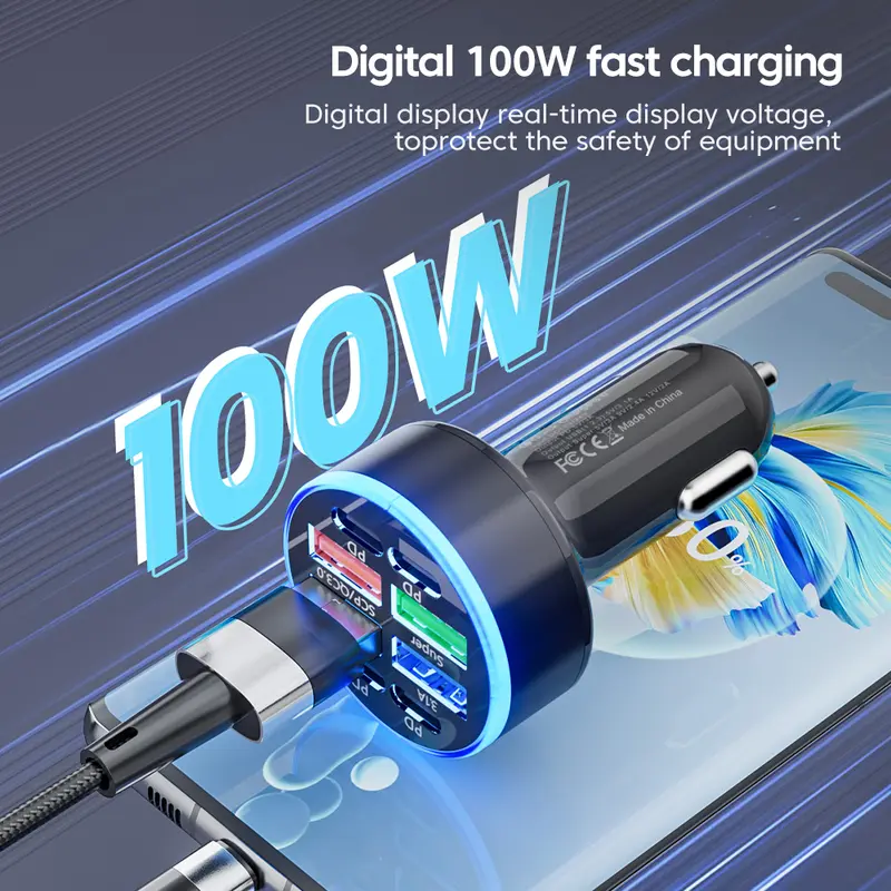 Bộ sạc ô tô sạc nhanh, 100W, 8 cổng, Bộ sạc ô tô, 4 cổng USB và 4 cổng Type C, Bộ Chuyển Đổi bộ sạc ô tô siêu nhanh, Tương thích với iPhone 16 / 15 Pro Max Plus và Samsung Galaxy S24 Phụ Kiện 6