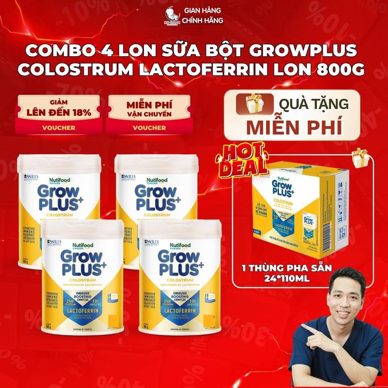   Live Daily  Combo 4 Lon sữa Grow Plus Colostrum Lactoferrin 800g Nutifood Tặng 1 thùng pha sẵn 24*110ml 
