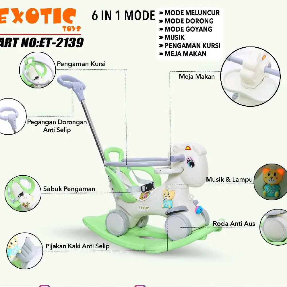 MAINAN ANAK KUDA GOYANG DAN DORONG RIDE ON EXOTIC ET 2139 (6 IN 1 KUDA PONY)