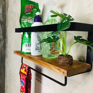 Rak Dinding Kayu dan Besi untuk Penyimpanan sabun lundry ruang dapur kamar mandi atau mushola tempat buku serbaguna dan Tanaman Hias