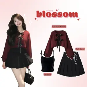 One Set Korea Style Wanita Kekinian ( Cardigan + Tanktop + Rok Pendek ) Setelan Outfit Remaja  AMO91