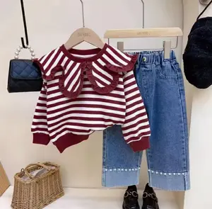 Ceriasale-Setelan Anak Perempuan Lucu Usia 1-5 Tahun Atasan Ruffle Salur Cantik Celana Jeans Mutiara Fashion Anak Terbaru Outfit Anak Kekinian