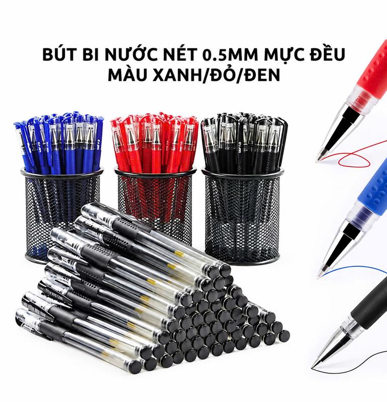 Sét 50 Bút Bi nước văn phòng 0,5mm mực đều nét chữ đẹp đủ màu đỏ, đen, xanh bút  bi