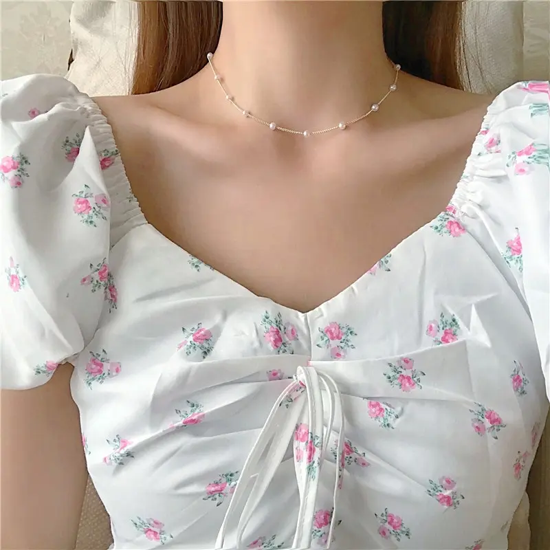 LEERE - Kalung Mutiara Korea Pendek Rantai Silver Wanita Sederhana Serbguna ​Niche Clavicle Rantai Hadiah Aksesoris Fashion 1