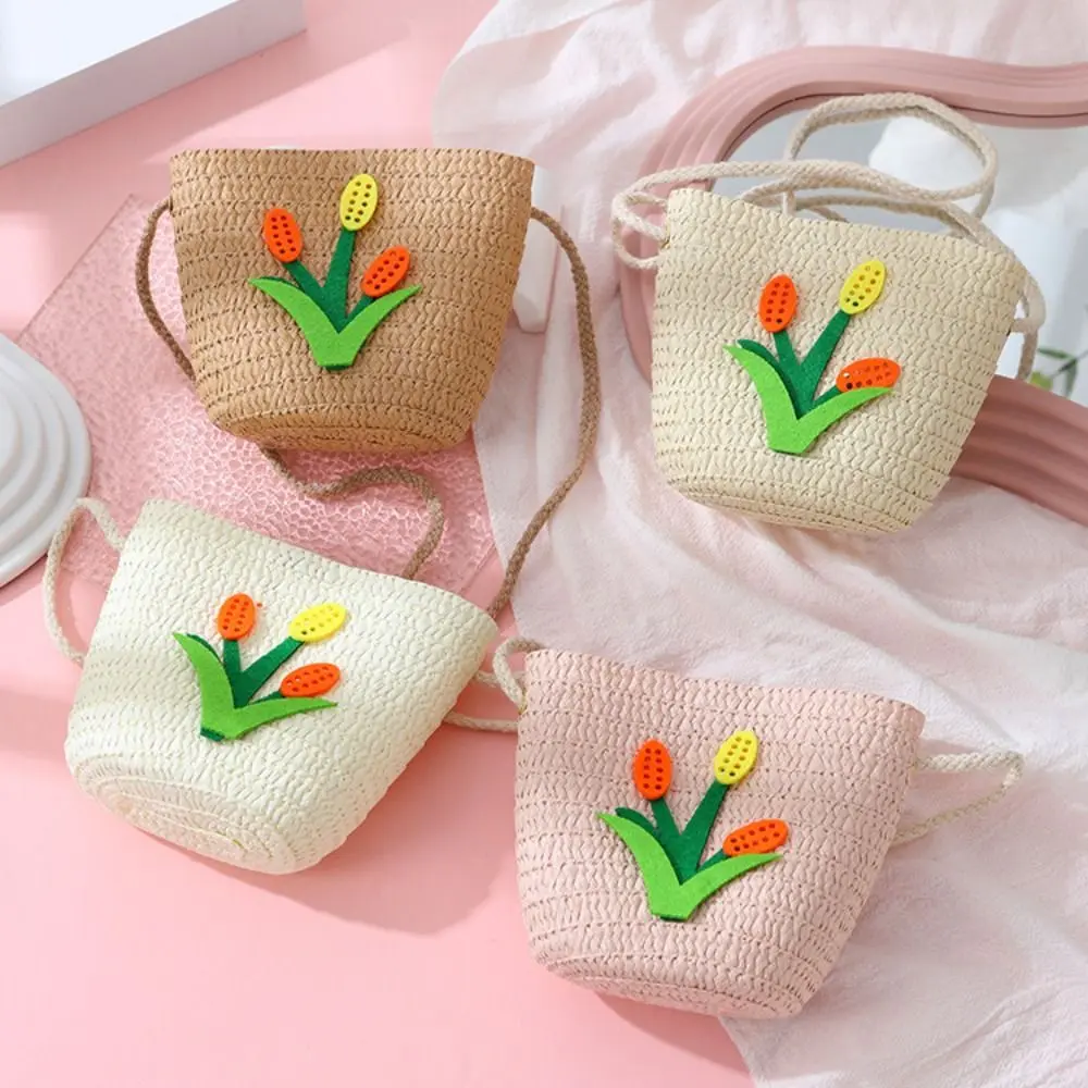New Straw Crossbody Bag Flower Small Coin Purse Handbag Girls Kids