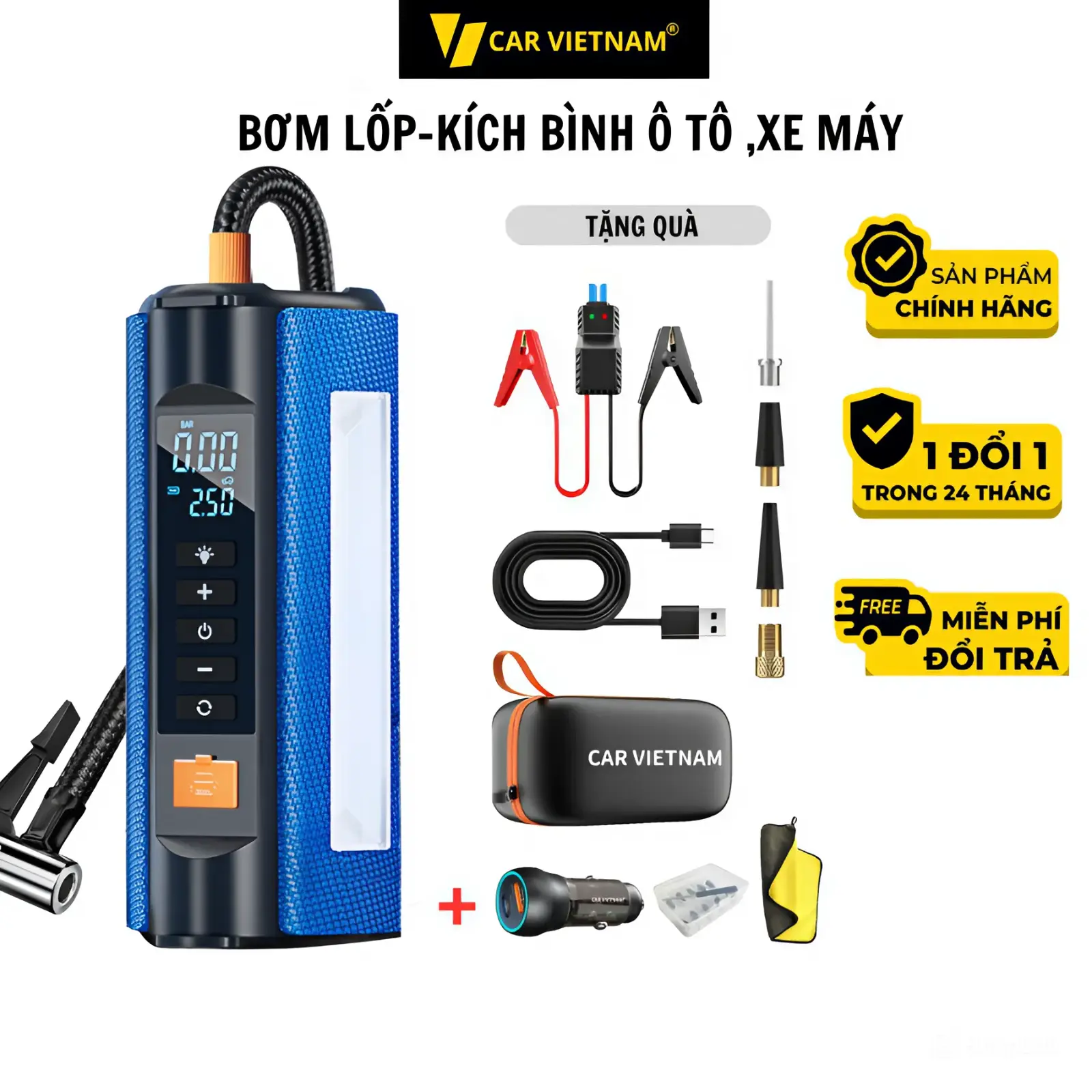 Bơm Lốp ,Kích Bình Ô tô, Xe Máy 4in1 CAR VIETNAM 12V, Pin LI-PO 13000maH, Kiêm Sạc Dự Phòng , Đèn Pin Chiếu Sáng, Model 2025, Lỗi Đổi Mới