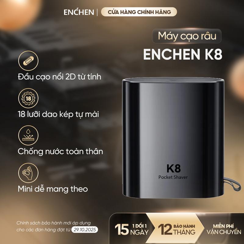    Độc Quyền Trên Live   Máy cạo râu Enchen K8 -  chống nước toàn thân - đầu cạo 2D - 18 lưỡi dao tự mài - pin sử dụng liên tục 2 tháng - BH 12 tháng 