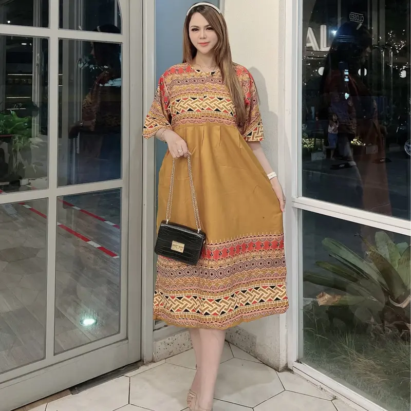 Dress Wanita dengan Kain Rayon Lembut dan Nyaman untuk Motif Songket Gelombang Cantik Casual Daster Panjang 5