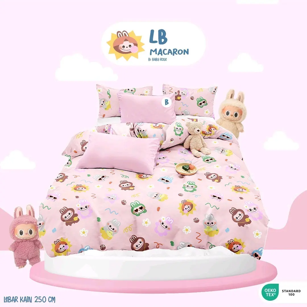 Sprei Set Anak Katun Lokal STAR Adem Motif Labubu Macaron Pink Uk.90x200|100x200|120x200|140x200|160x200|180x200|200x200
