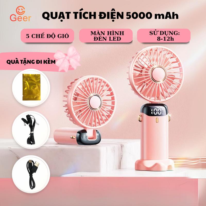 Quạt Tích Điện 5000mAh chạy 7-12H Tích Điện Gió Mạnh Hiển Thị Phần Trăm Pin Pin Dung Lượng Lớn phụ kiện