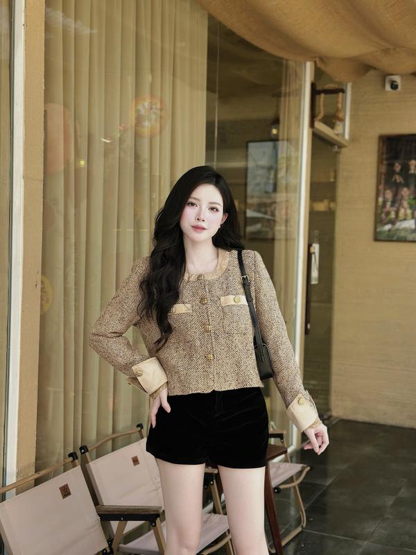 Áo dạ Tweed cổ tròn khuy bạc phong cách tiểu thư hàng quảng châu cao cấp Nữ Women Top Jacket Kem Nhung