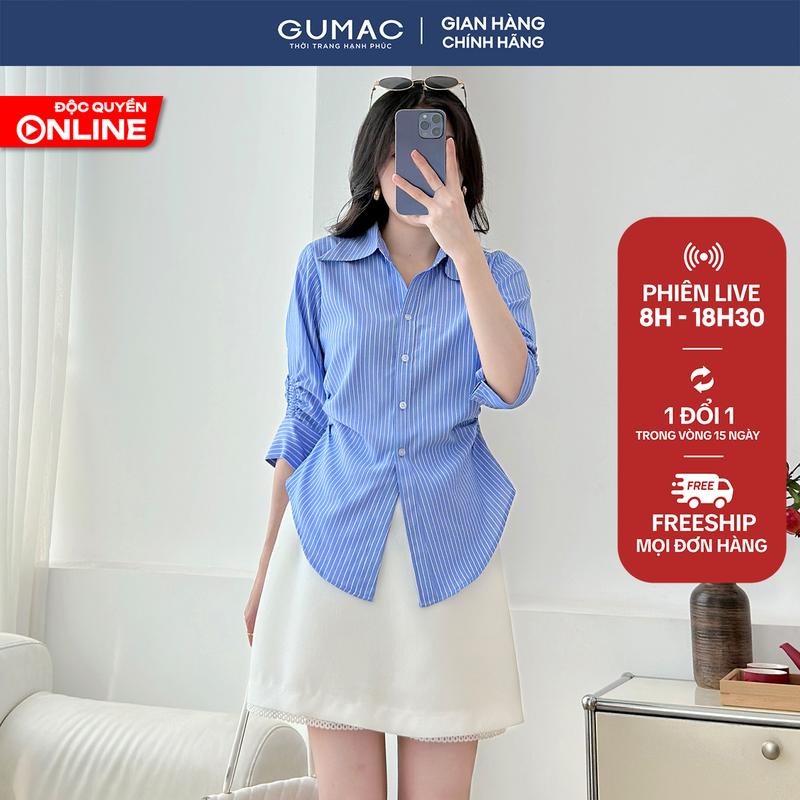 Áo sơ mi nữ tay lửng có nhún chiết ly eo xanh sọc vải kate đứng form thời trang GUMAC AF01024