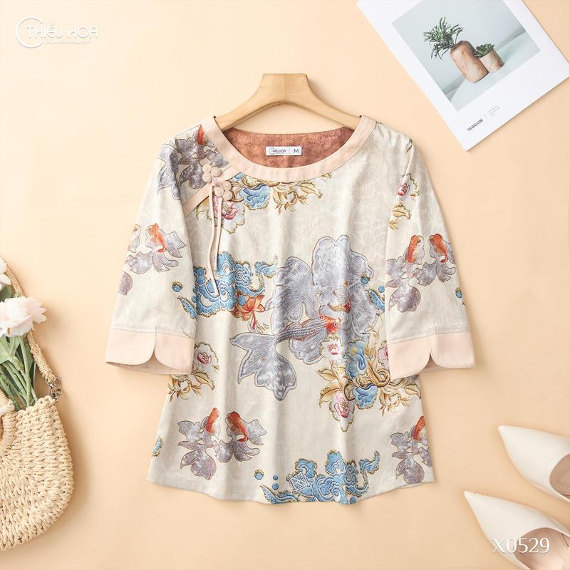 Áo truyền thống Gấm Hoa Nữ Trung Niên Thanh Lịch Trang Nhã tặng mẹ Thương Hiệu Thiều Hoa AN5X0529