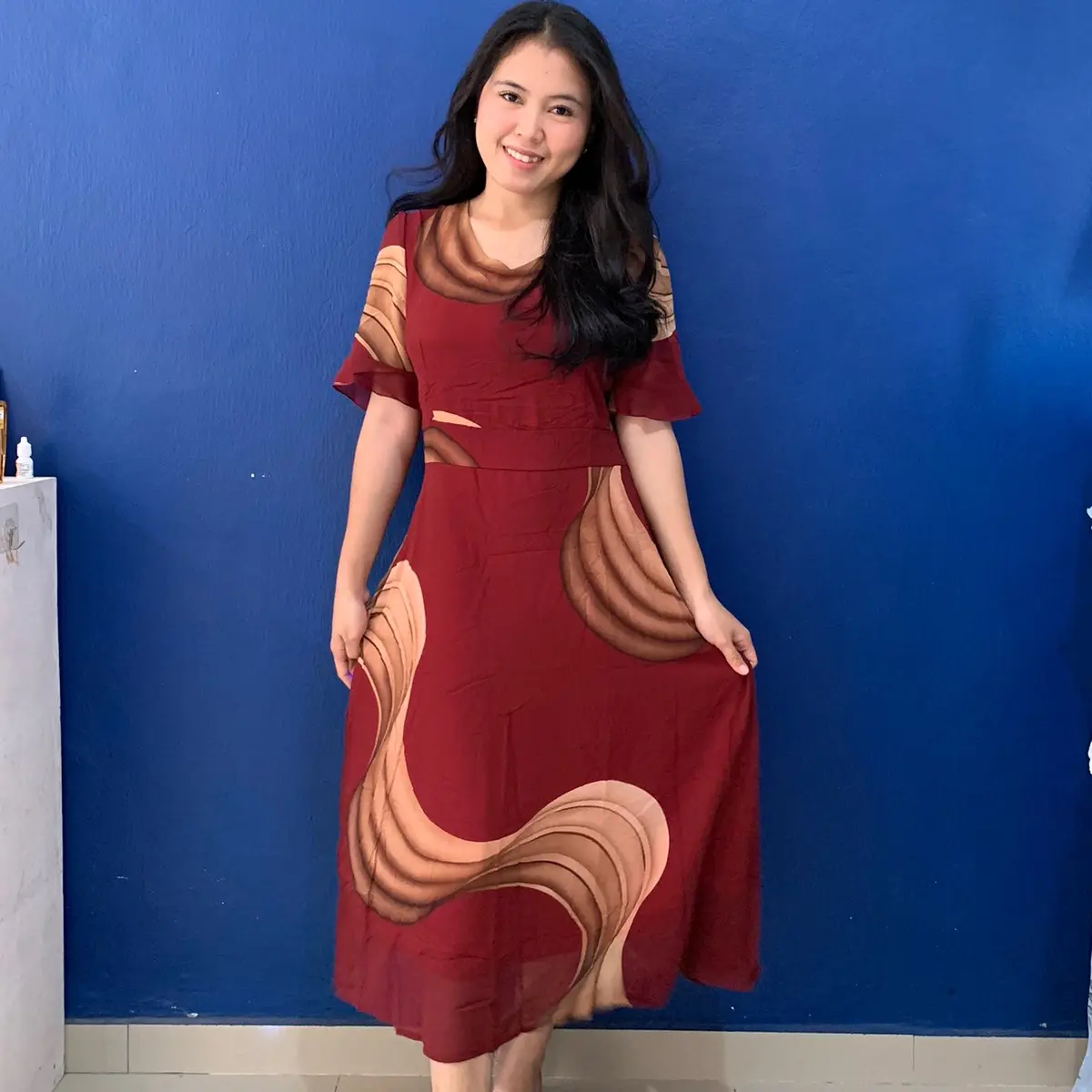 FANMU DRESS - Dress Motif Warna Maroon Wanita
