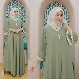 Kaftan Dress Mewah Simple Remaja Dewasa Bahan Ceruty Babydoll Premium Gamis Muslim Wanita Terbaru Mix Renda dan Payet