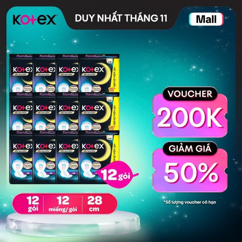 Special Lốc 12 gói Băng vệ sinh Kotex Siêu Ban Đêm 28cm Mặt lưới Đệm bông chống tràn sau 12 miếng