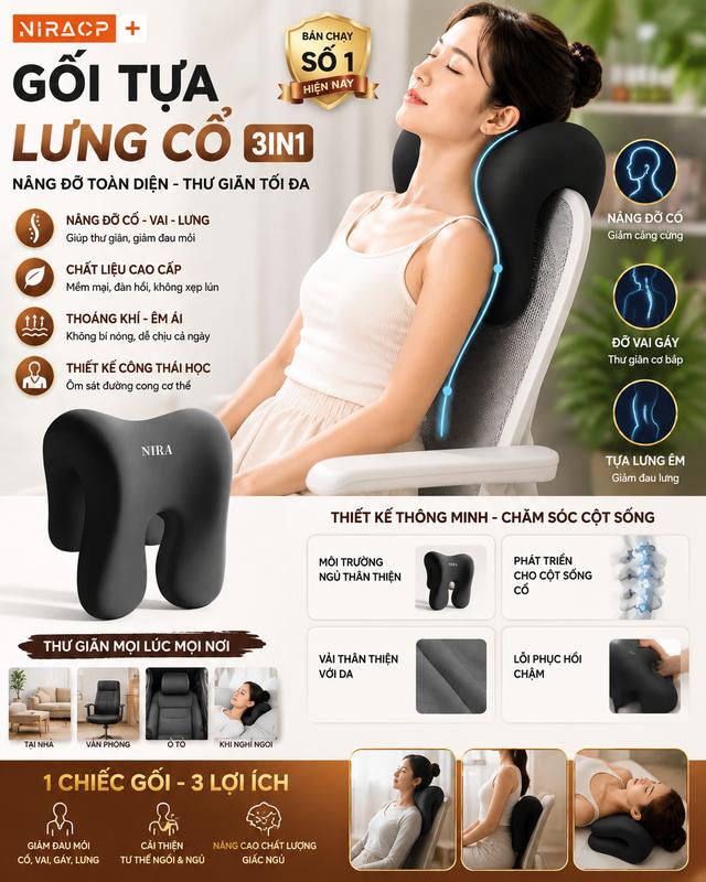 Gối Tựa Văn Phòng Công Thái Học 3in1 MAISON, Gối Ngủ Trưa Cao Su Non Thế Hệ Mới…