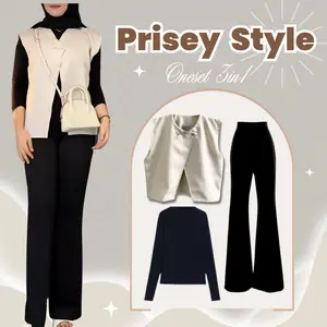 One Set Wanita Kekinian Hijab ( Vest Korean Style + Manset Lengan Panjang + Pashmina ) - LT095 Setelan Celana Cutbray Nyaman