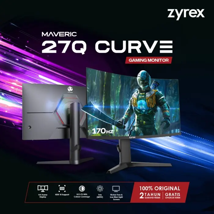 Zyrex Maveric 27Q monitor 27 inch QHD 1440p HDR 10 VA 170 Hz RGB LED Flat G-SYNC Compatible Freesync Flicker Free Blue Light Filter Garansi Resmi 2 Tahun
