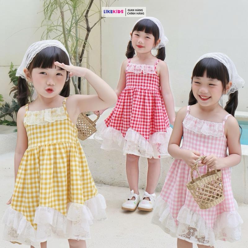Váy cho bé gái kiểu dáng DÂY CARO REN LikeKids E67