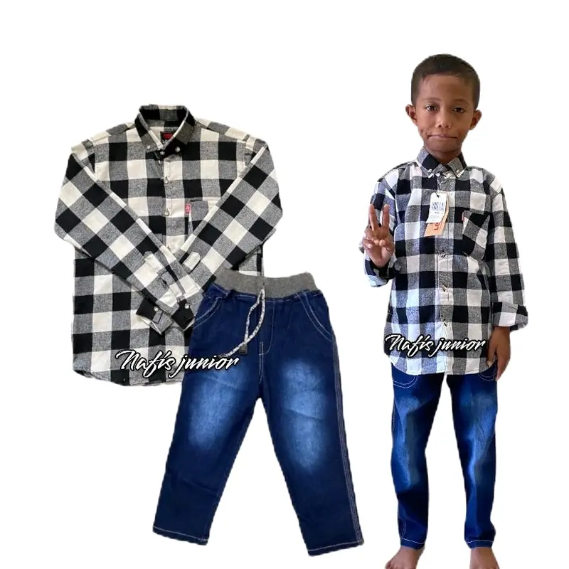 setelan anak kemeja katun flanel distro premium quality dan celana jeans biru muda usia 1-10 tahun 0