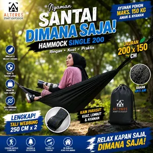 Alteres Hamock Single 200x150 Ayunan Outdoor Tempat Tidur Gantung Pohon 2 pcs Tali Hammock Camping Portabel Dewasa Ukuran 200x150 cm Beban 150 kg