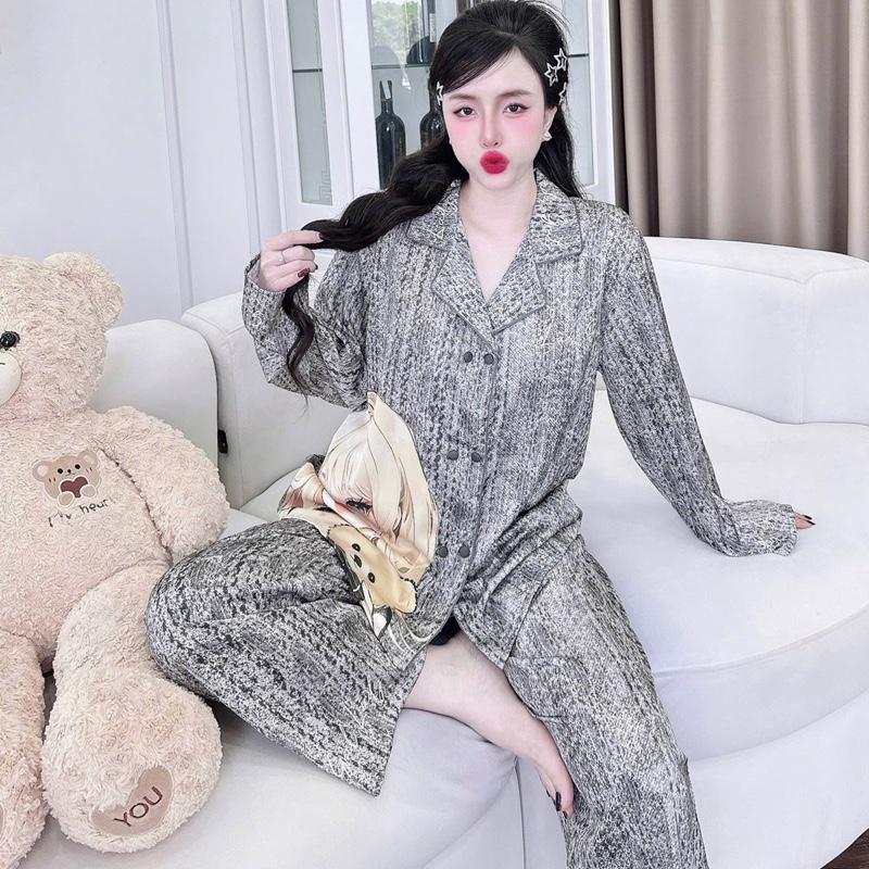 Đồ bộ pijama chất liệu lụa latin tơ màu xám hình cô gái dễ thương sang trọng có bigsize đến 90kg