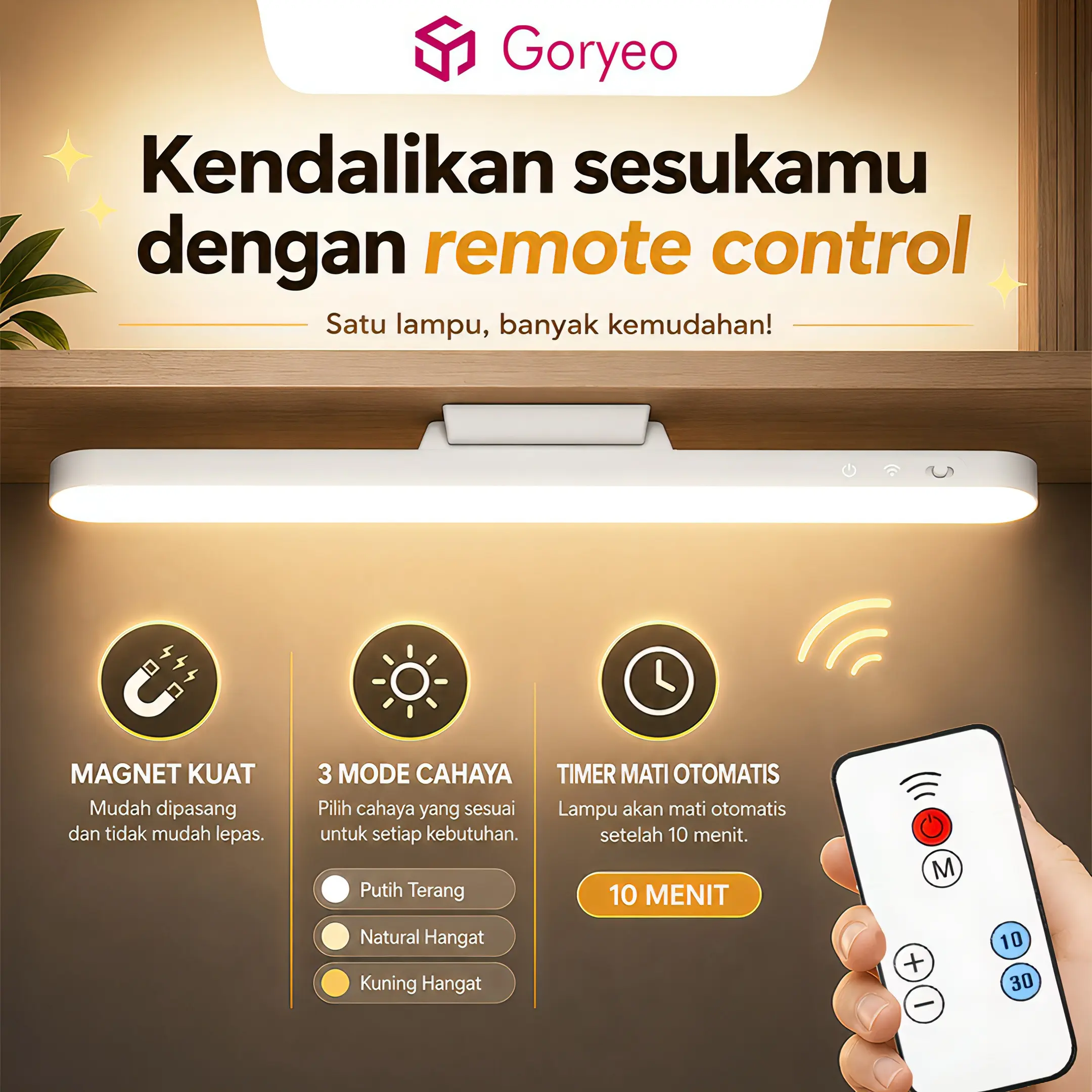 Goryeo Lampu Dinding Remote Control Lampu Tempel LED Lampu Emergency Portable Rechargable USB 3 Color