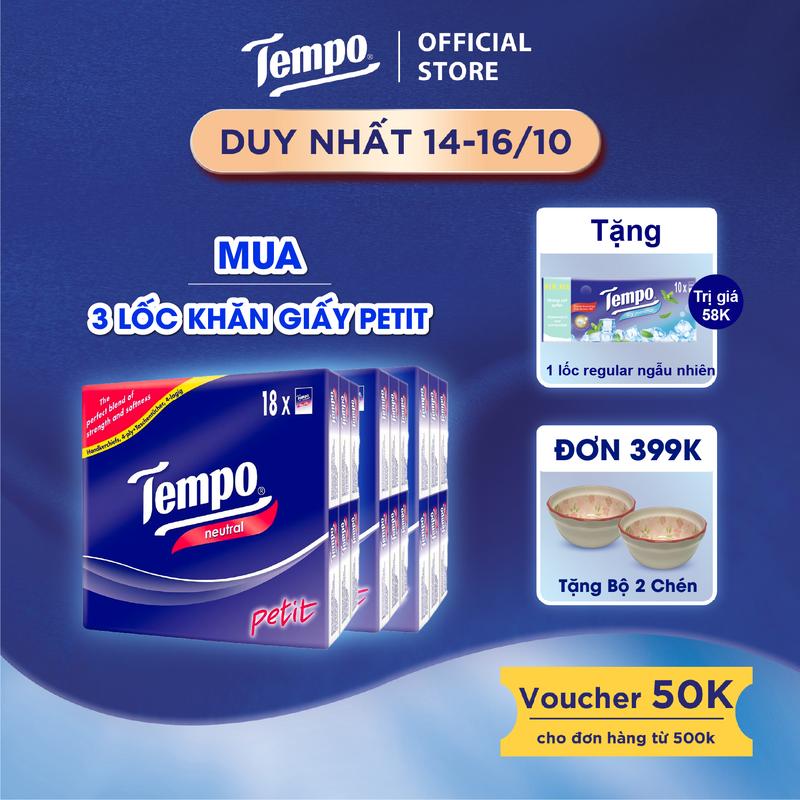 [MUA 3 LỐC 18 GÓI TẶNG 1 LỐC GIẤY BỎ TÚI REGULAR] Khăn giấy bỏ túi cao cấp Tempo Petit - 4 lớp bền dai - Thương hiệu Đức (Lốc 18 gói)