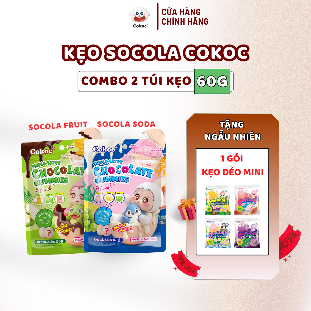 [Sản Phẩm Mới] Kẹo Dẻo Socola 3 Lớp Cokoc 60g Vị Trái Cây